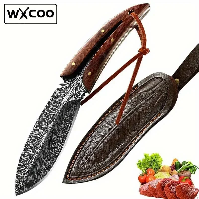 1PC Kitchen Knife Feather Pattern Knife Boning Knife With Sheath Stainless Steel Fruit Vegetable Knife Meat Cleaver Household