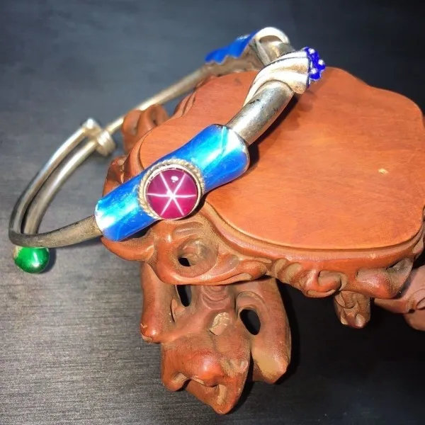 

Antique Collection Silver Cloisonne Inlaid Starlight Gemstone Bracelet Ethnic Style Women's Bracelet