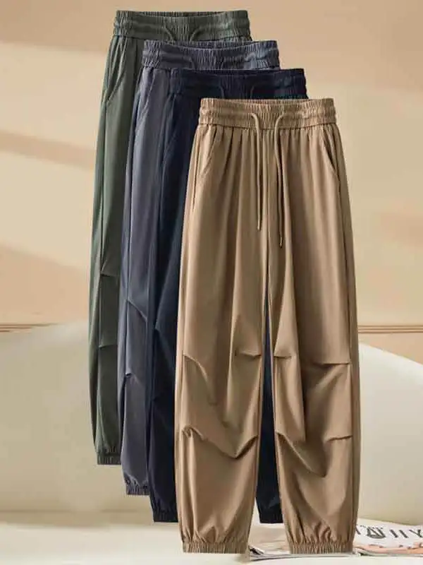 

Qui Dry Sports Work Pants Women Summer New Elastic Waist Dstring Ice Silk Thin Casual Harem Cuffed Pants Straight Leg Hi...