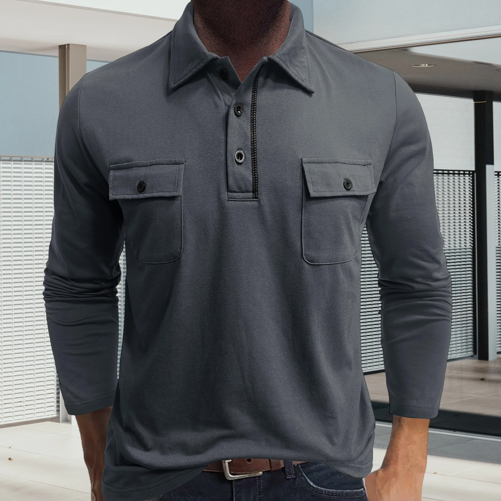Men's Lapel Collar Henley Shirts Casual Long Sleeve Flap Pocket Button Front T-Shirts Spring Fall Tops