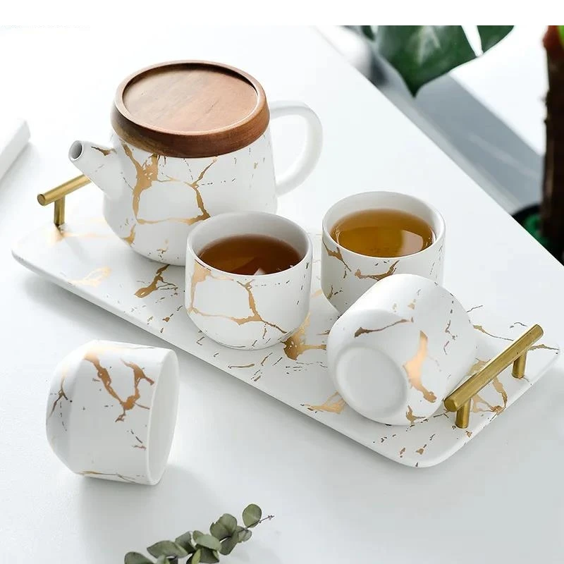 Imitation Marble Ceramics Kung Fu Teapot 700ml with Tray One Pot and Four Cups Travel Tea Cup Handmade Set