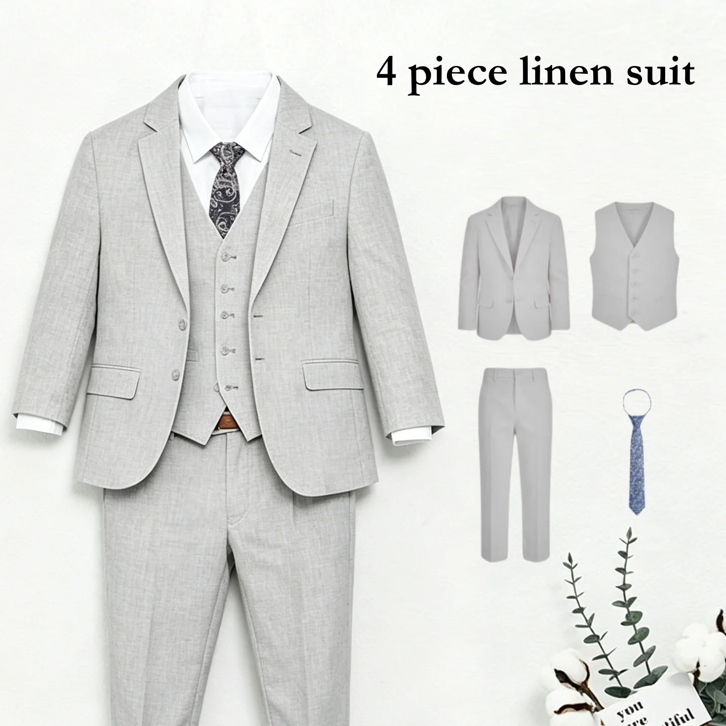 Sommer-Strand-Hochzeitsanzug für den Ringträger, formeller Jungenanzug, 4-teilig (Jacke, Weste, Hose, Krawatte), Geburtstags-, Kommunions- und Abschlussballanzüge