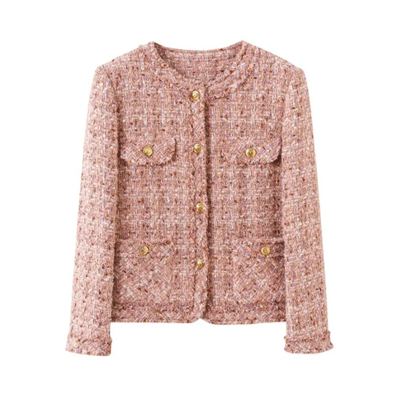 

Autumn Winter New Round Neck Plaid Small Fragrance Short Coat Women Fashion Sweet Loose French Long-sleeved Tweed Coat Female