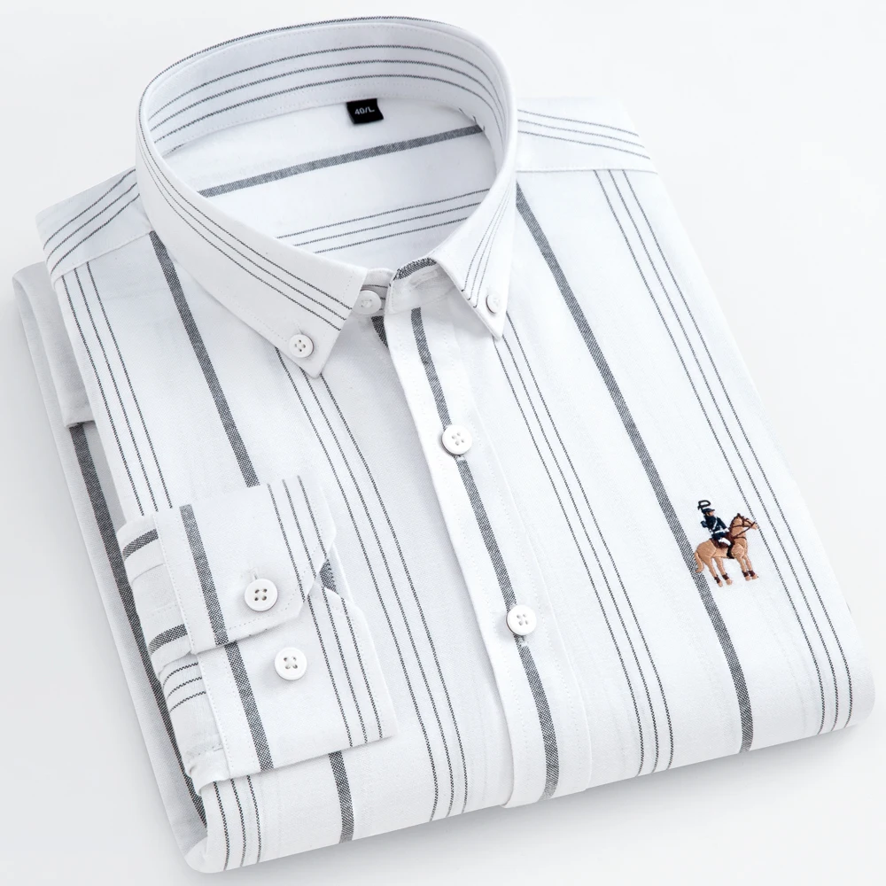 

Classic Embroidered Striped Cotton Blend Long Sleeve Oxford Shirt for Men - Regular Fit, Lapel Collar, - Spring/Fall Season