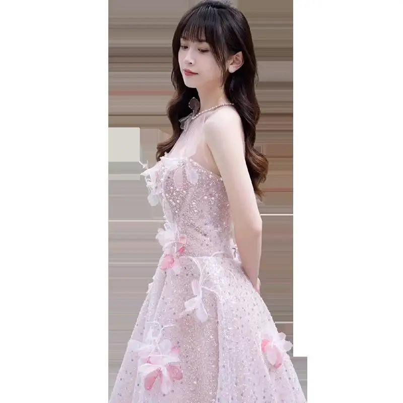 Elegant Party Dresses For Women New Exquisite Flowers Appliques Prom Gown Sleeveless Sequined Long Princess Fairy Robe De Soiree