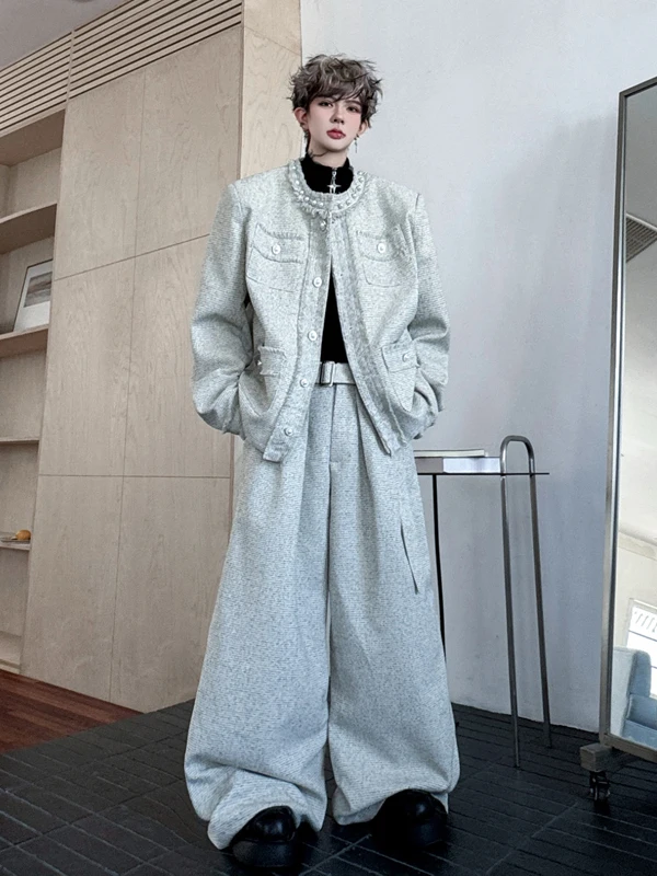 

Handmade Beaded Frayed Open Cardigan Jaet with Wide Leg Pants Men's Model High Faion Set Autumn Season Long Sve