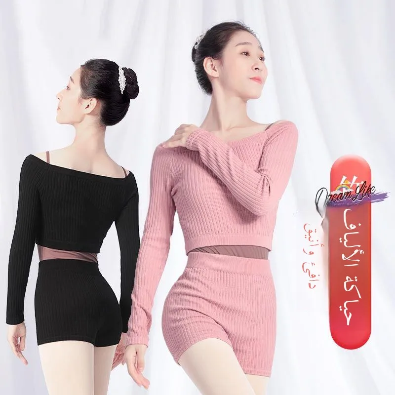 

Dance Knitted Sweater Set Long Sleeve One-Shoulder Ballet Outerwear Adult Practice Uniform Top Autumn Winter Fashion Ladies