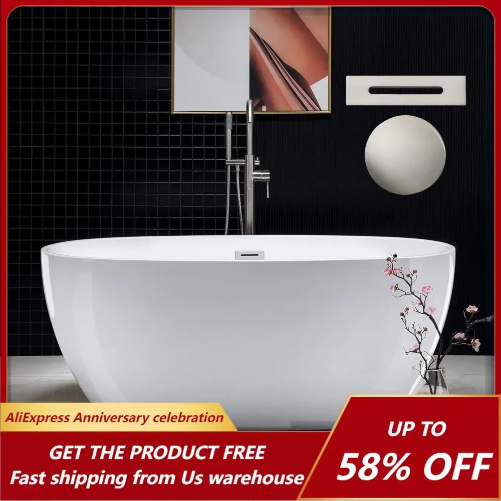 

59"Freestanding White Acylic Soaking Bathtub with Brushed Nickel Drain and Overflow Easy Clean and Maintenance Luxury Comfort