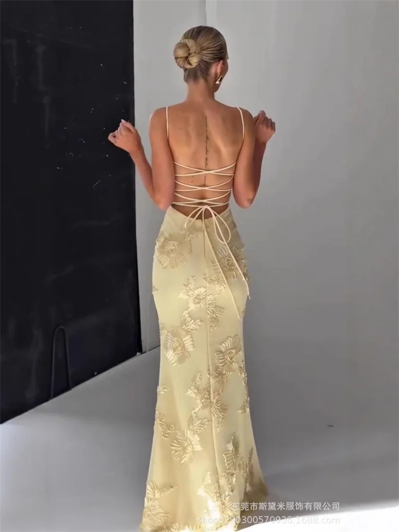 Spaghetti Strap Embroidered Flowers Women Evening Dress Lace Up Deep-V Neck Bandage Gown Yellow Black Backless Party Skirt