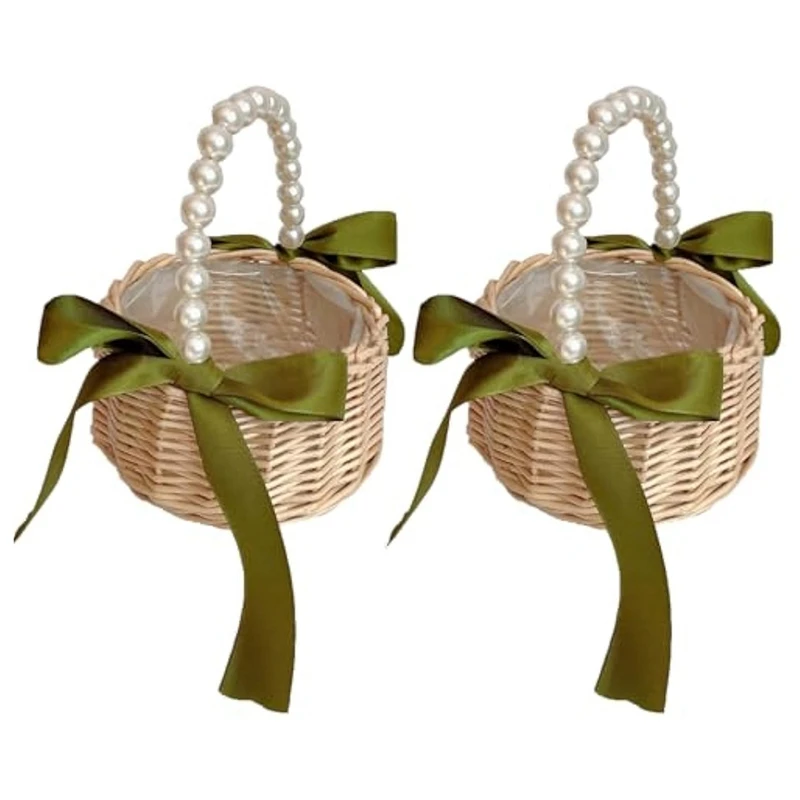 Charming Pearl Accented Wicker Souvenir Basket For Flowers And Photo Prop Essentials