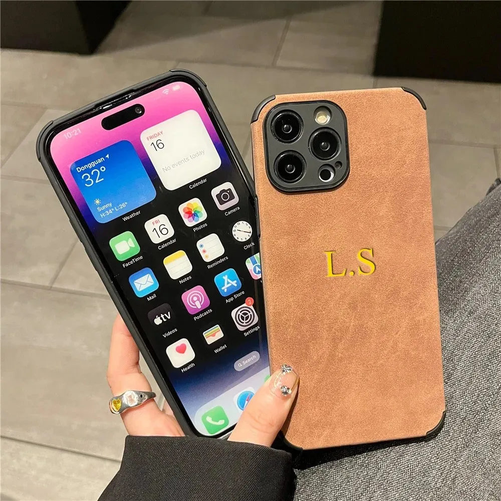 Case For iPhone 16 15 14 13 12 Pro Max Personalized Name Luxury Lamskin Matte Leather Custom Initials DIY Engraved Cover 11 Pro