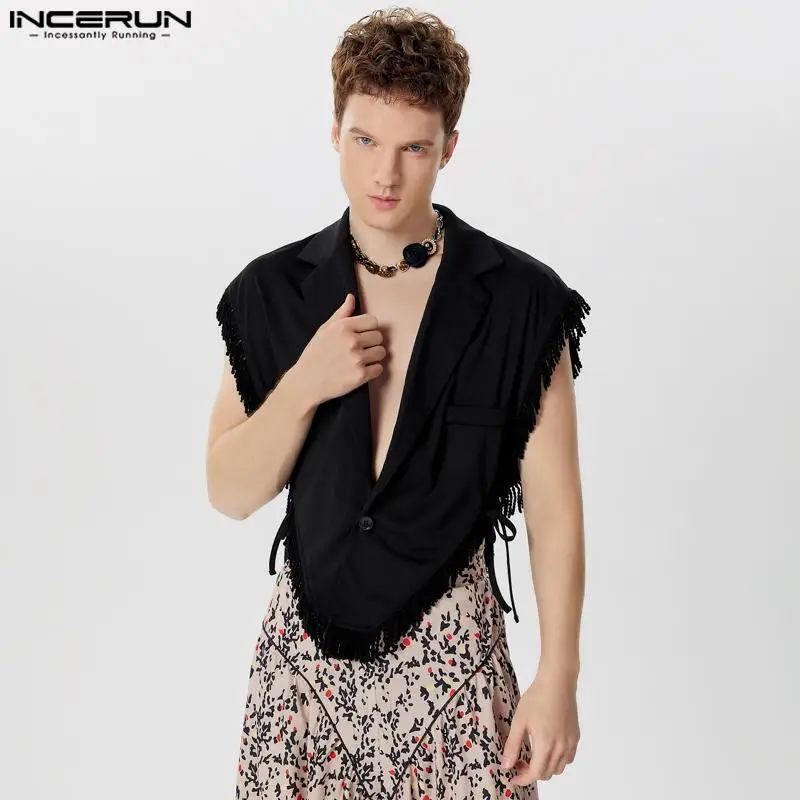 Fashion Casual Style Tops INCERUN Men\'s Side Strap Short Tassel Silhouette Vests Handsome Male Solid Lapel Waistcoats S-5XL 2024