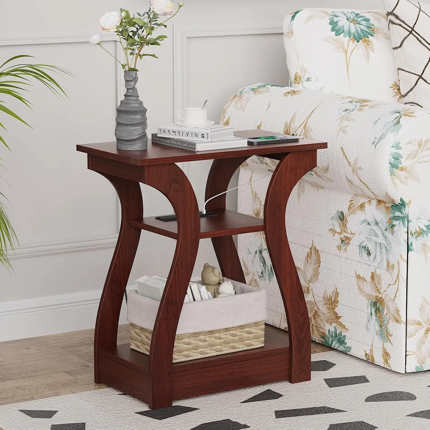 

End Tables Living Room, Cherry End Table with Charging Station, Nightstand for Bedroom, 3 Tier End Table with Storage Shelf f