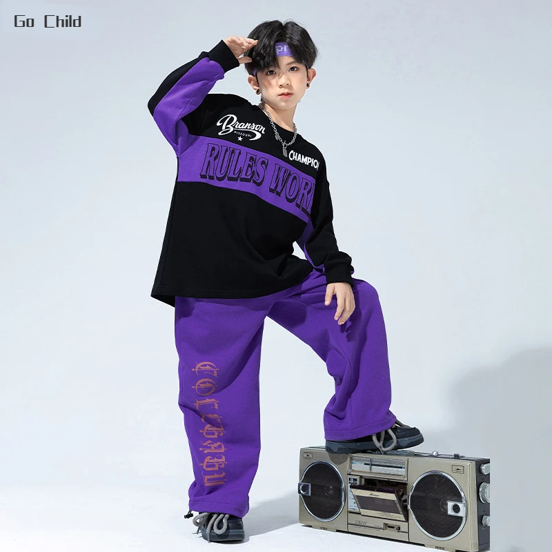 Boys Hip Hop Patchwork Pullover Street Dance Pants Girls Contrast Sweatshirt Joggers Child Sport Clothes Sets Kids Jazz Costumes