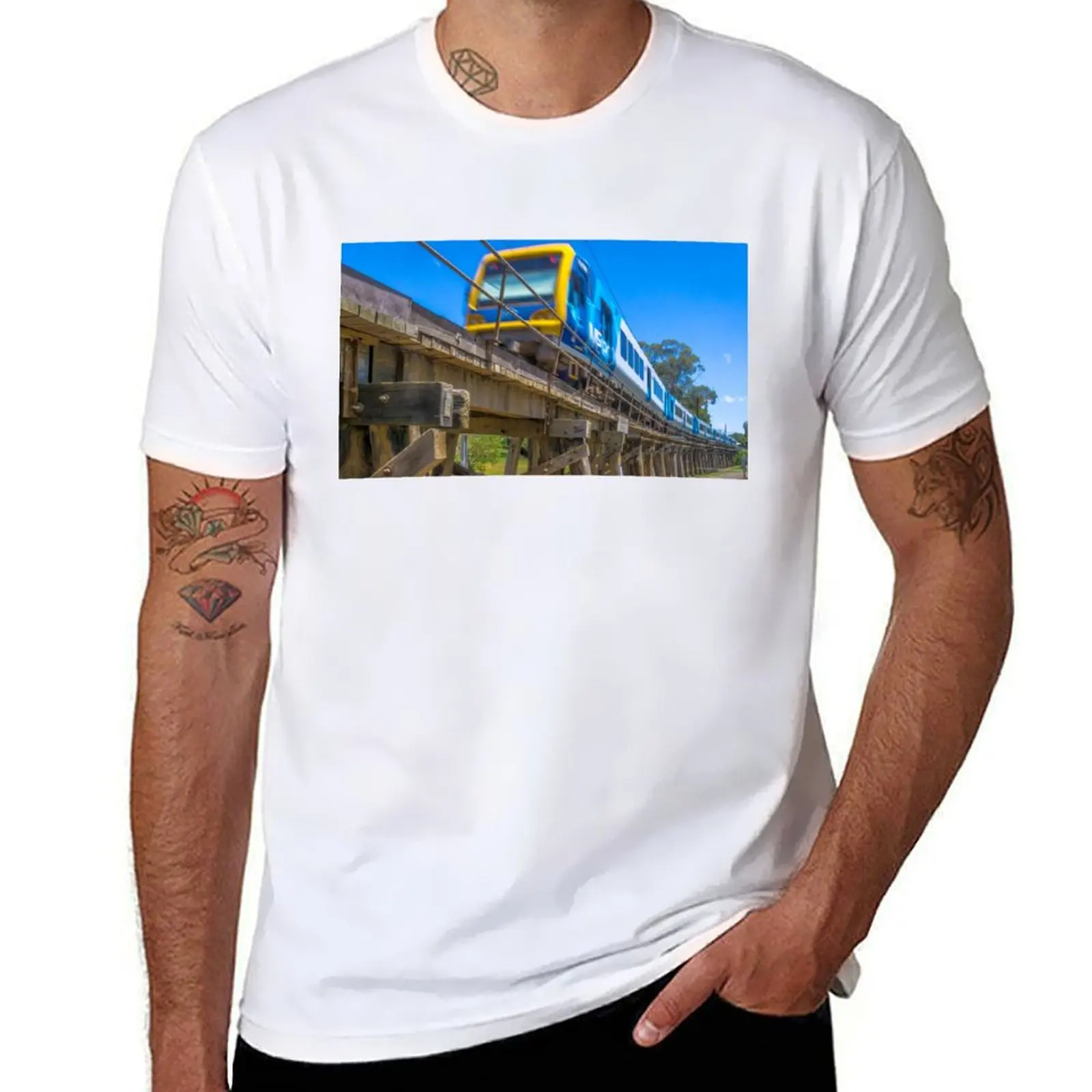 

Melbourne Metro Train on Trestle Bridge - Eltham, Victoria T-Shirt t shirts for man slim fit t shirt man cotton T-Shirt