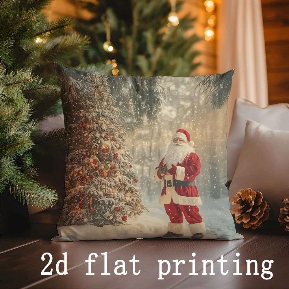 Home Decor Christmas Scenes: Santa, Snowmen & Christmas Trees Pattern Cushion Cover Suitable for Sofa Bedroom Car Pillow Cover