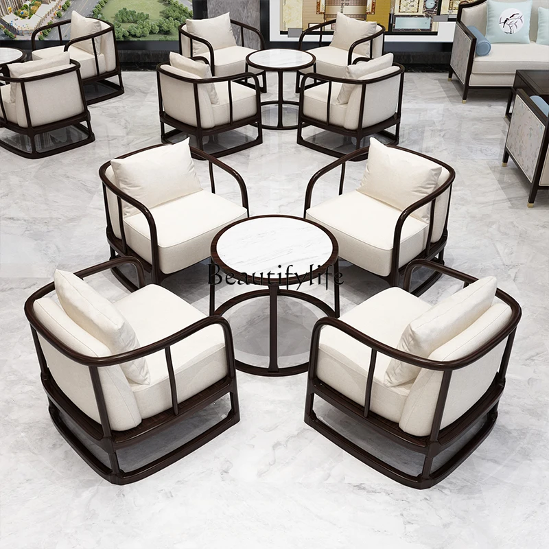 Chinese-Style Negotiation Table and Chair Light Luxury Hotel Rest Area Reception Business Reception Solid Wood Sofa Combination