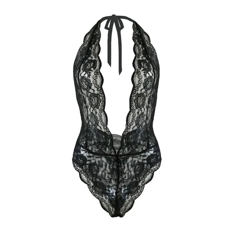 Bodysuit One Piece Black V-neck Lingerie Hot Erotic Teddies Bodysuit Sexy Women Floral Lace Sexy Costume Plus Size S-2XL