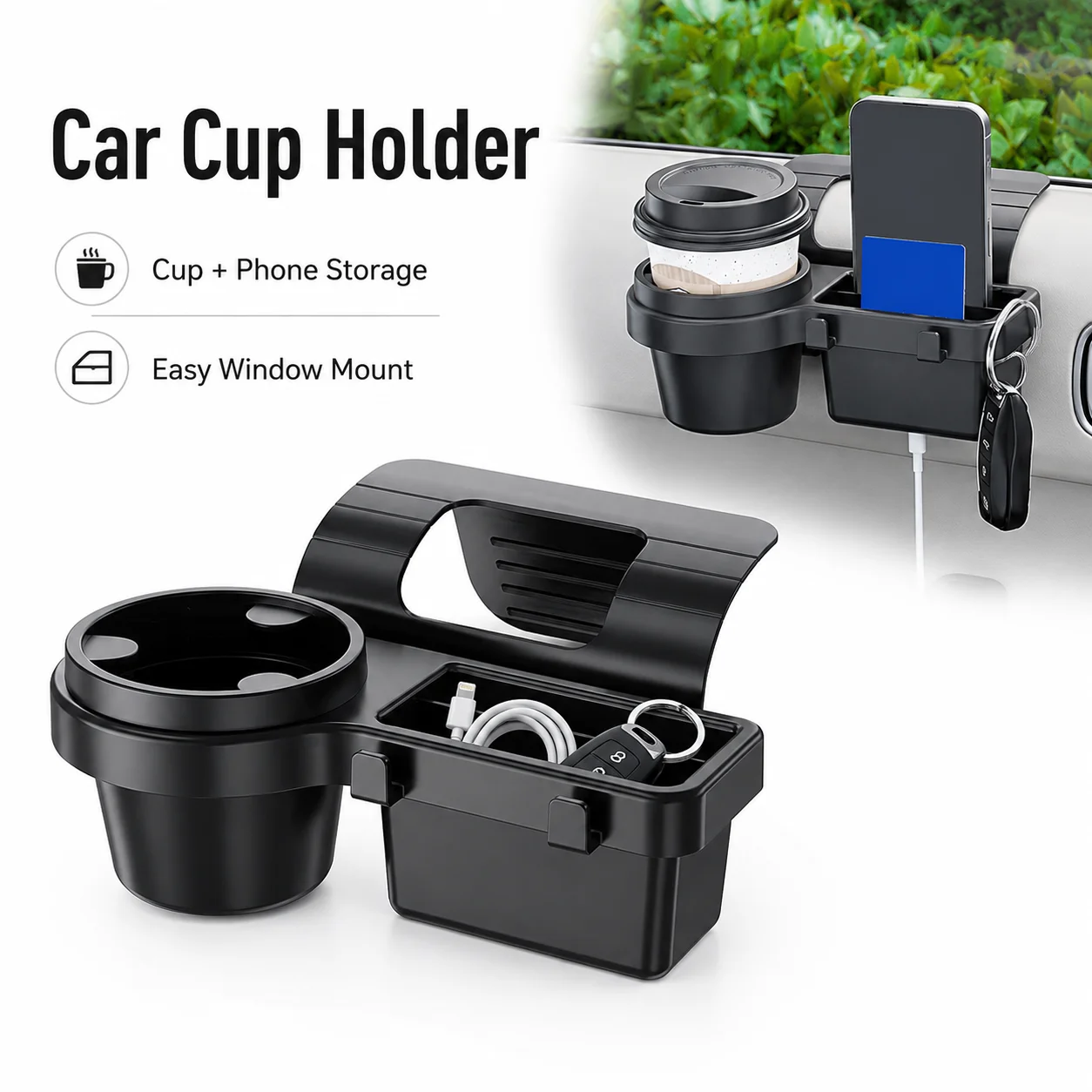Car Door Cup Holder Multifunctional Storage Box Window Side Organizer No Drill Easy Install for Phone Water Cup Wallet
