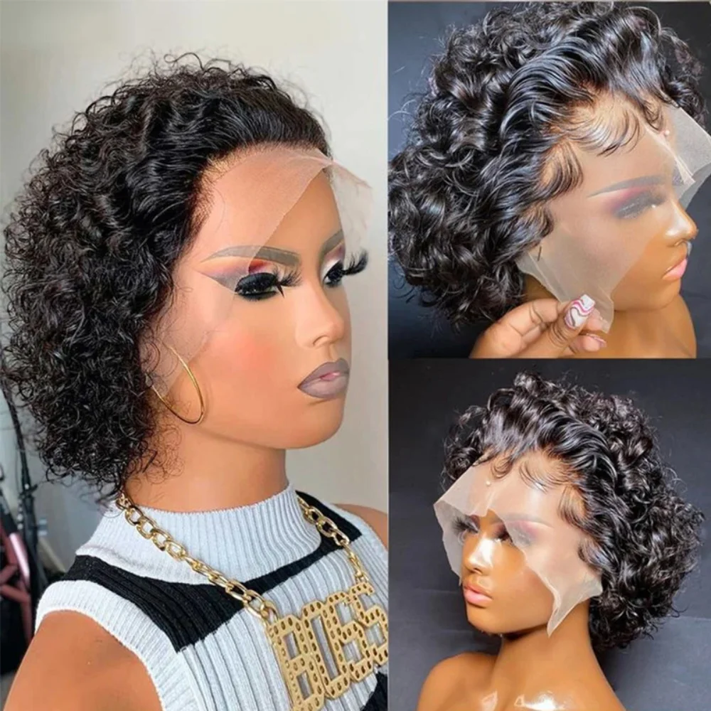 

Парик Pixie Cut 13X1 с кружевной основой, кудрявый, короткий, в стиле боб, из натуральных человеческих волос, для женщин, натуральный черный цвет, недорогой парик из человеческих волос.