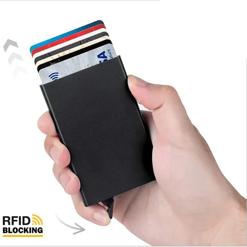 ארנק חכם עם מחזיק כרטיסים מתכתי דק לגברים ונשים, ארנק מינימליסטי קטן בצבע שחור