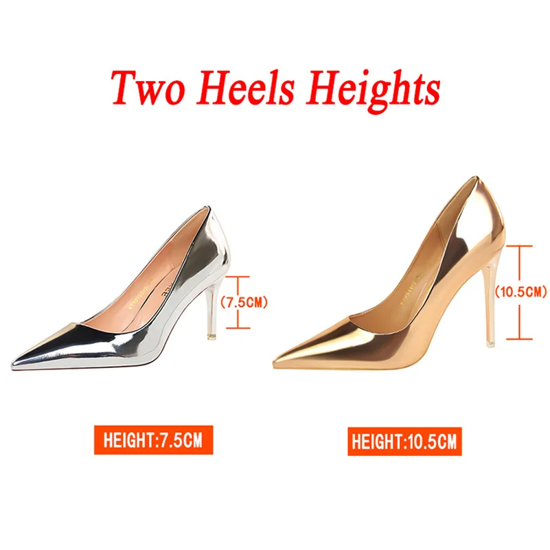 Women Patent Leather Pumps 7.5cm 10.5cm High Heels Lady Stiletto Low Heels Wedding Bridal Mteallic Silver Gold Sparkly Shoes