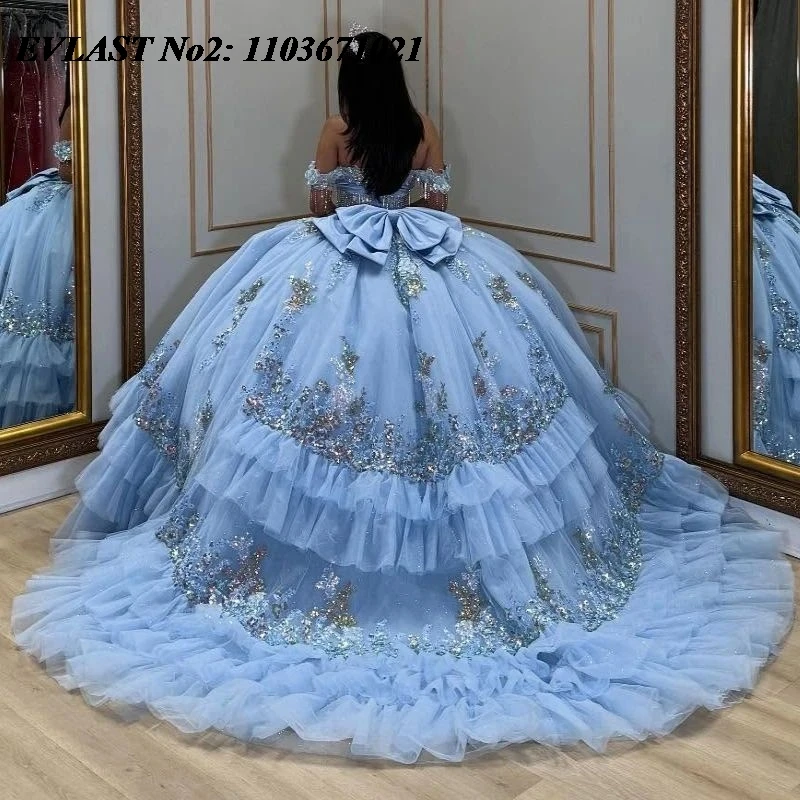 فستان Quinceanera أزرق لامع مخصص من EVLAST بدون أكتاف مزين بالترتر والدانتيل مطرز بالخرز الحلو 16 فيستدوس دي 15 أنوس E2QA80 #2