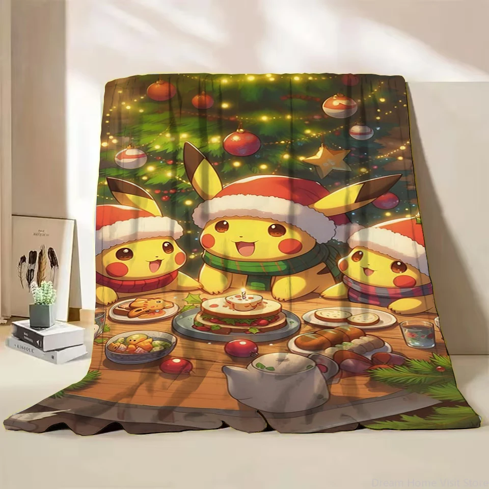 Pokemon Character Christmas Flannel Kids Blanket Cartoon Cute Plush for Home Bedroom Sofa Picnic Office Cover Blanket Warm Gifts