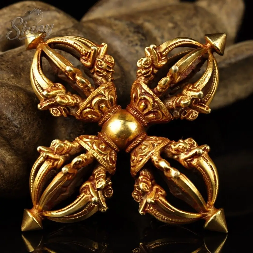 

Antique Tibetan Cross Vajra Pure Copper Handcrafted Gilded Esoteric Buddhism Ritual Objects