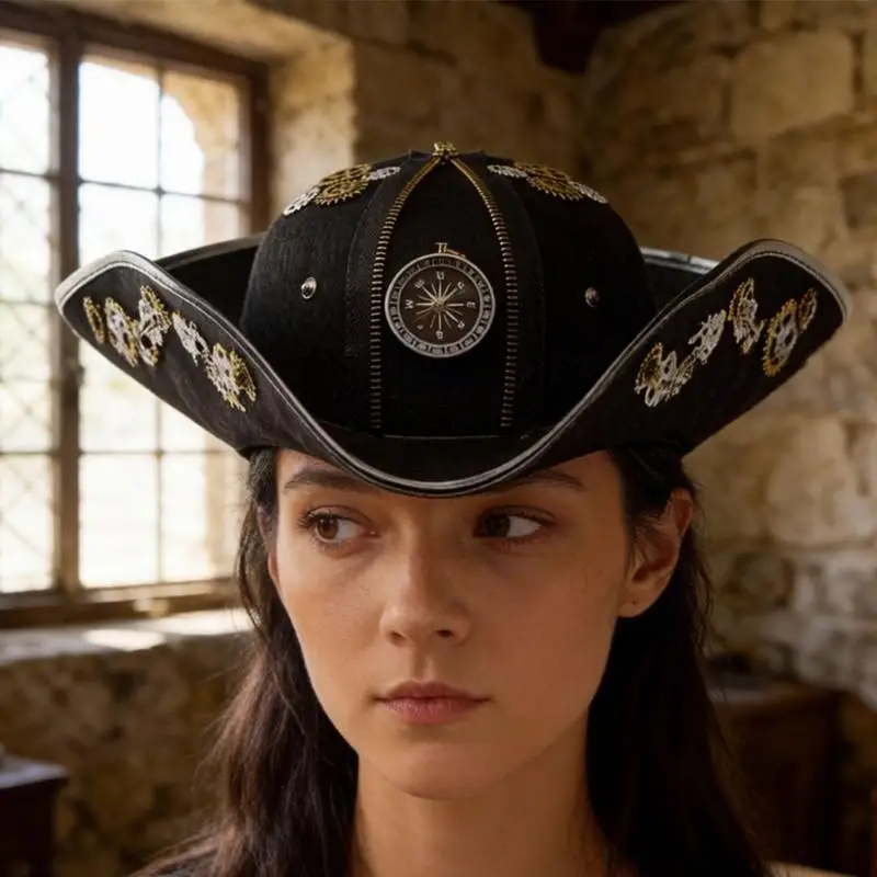 R7UF Victorian Styles Pirate Cap Metal Zippers And Gear Decors Adult Tricorn Hat