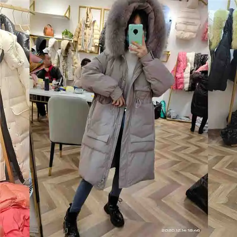 Fashion Down  Women's Mid-length Winter Style New Loose Hooded Slim Fit Big Fur Collar Warm Over-the-knee Popular 