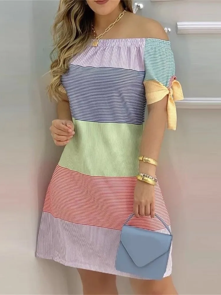 

2025 Women Fashion Casual Off Shoulder Short Sleeve Dress Elegant Summer Bow Party Print Mini Dresses Ropa De Mujer Vestidos