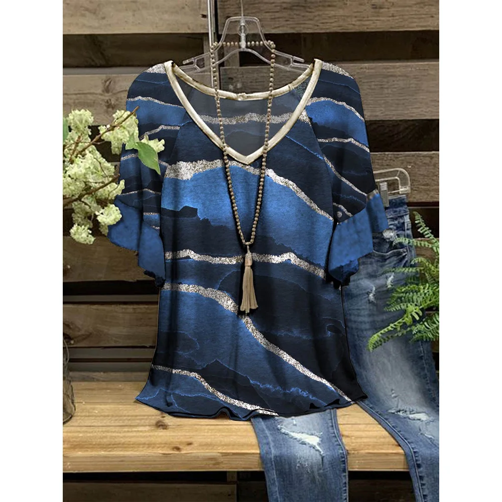 New Women Blue T-shirts Sexy Stripe Pattern y2k V-neck Fashion Lotus Leaf Sleeve Female Tops