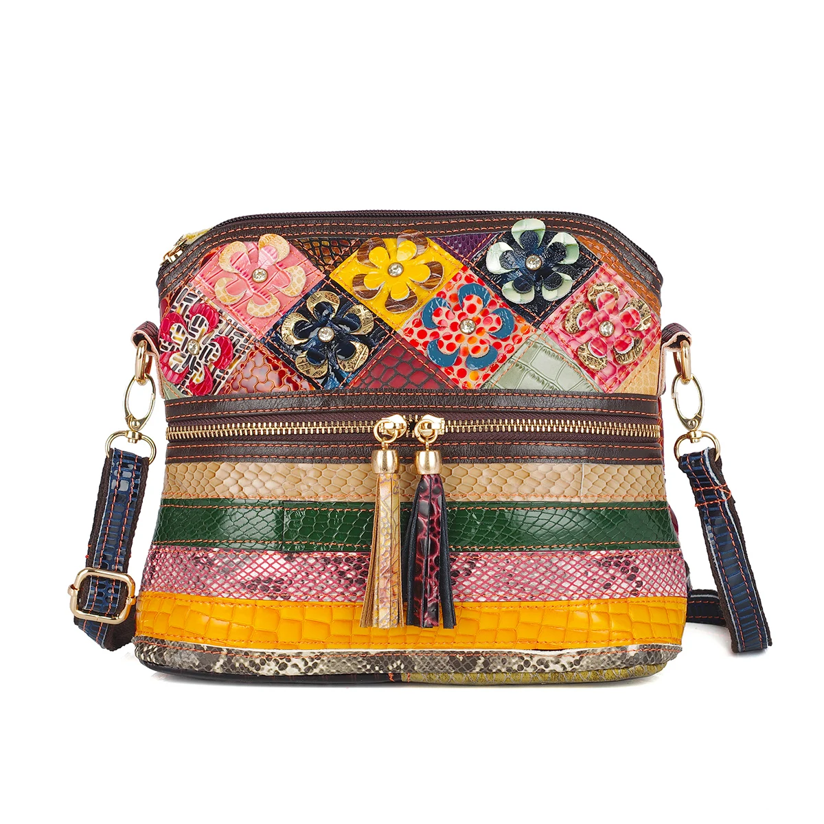 Leather color snake print random color flower Mosaic fringe fashion bag shoulder bag for women small bag