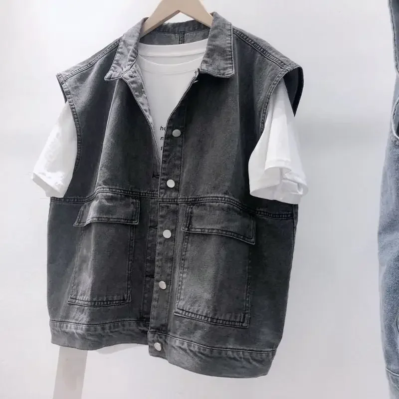 Denim Vests Women Minimalist Casual Vintage Hipster Loose Design Sleeveless Solid Unisex Fashion All-match Turn Down Collar Coat