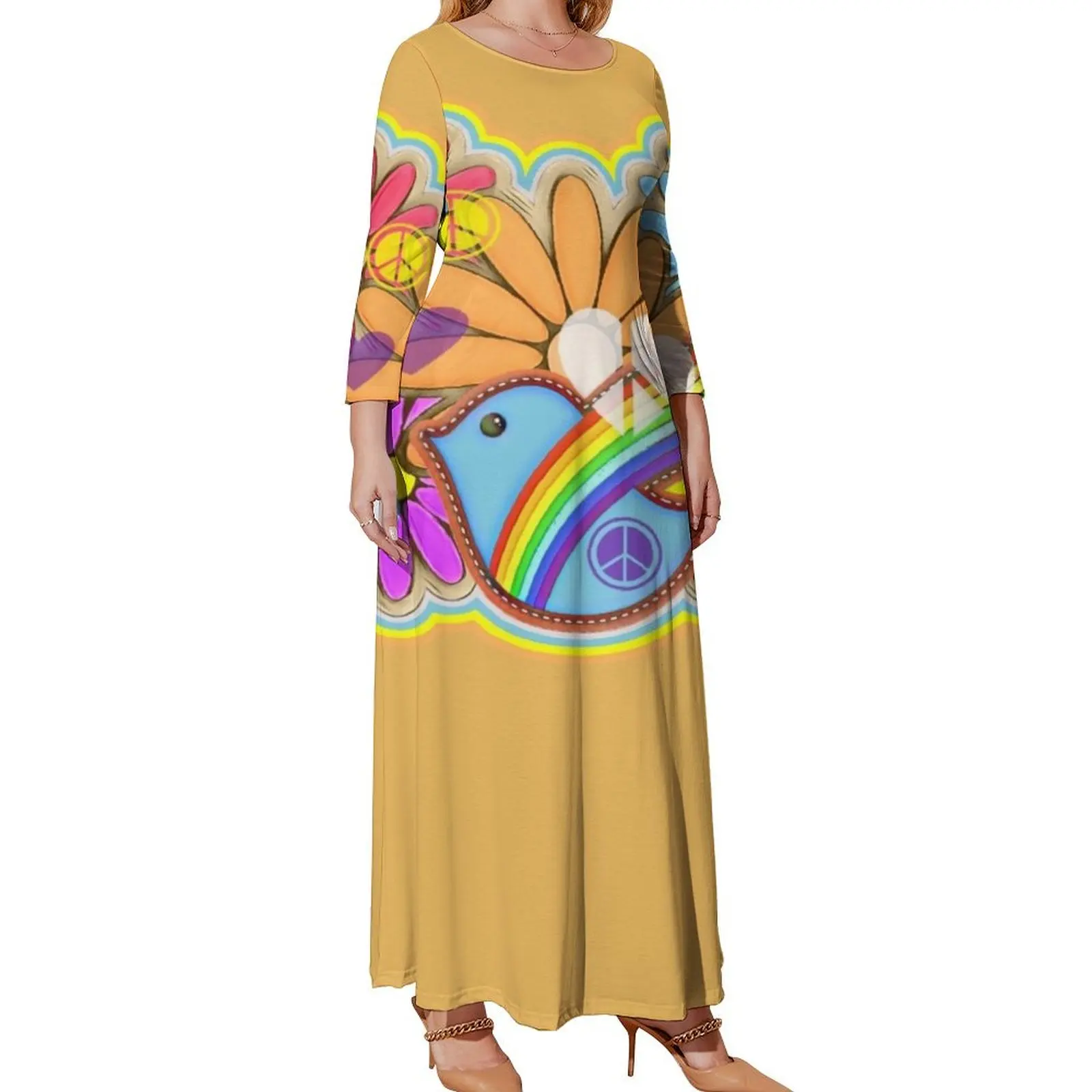 

Flower Power Hippy Retro Dove Design Long Sleeved Dress clothes for women dress