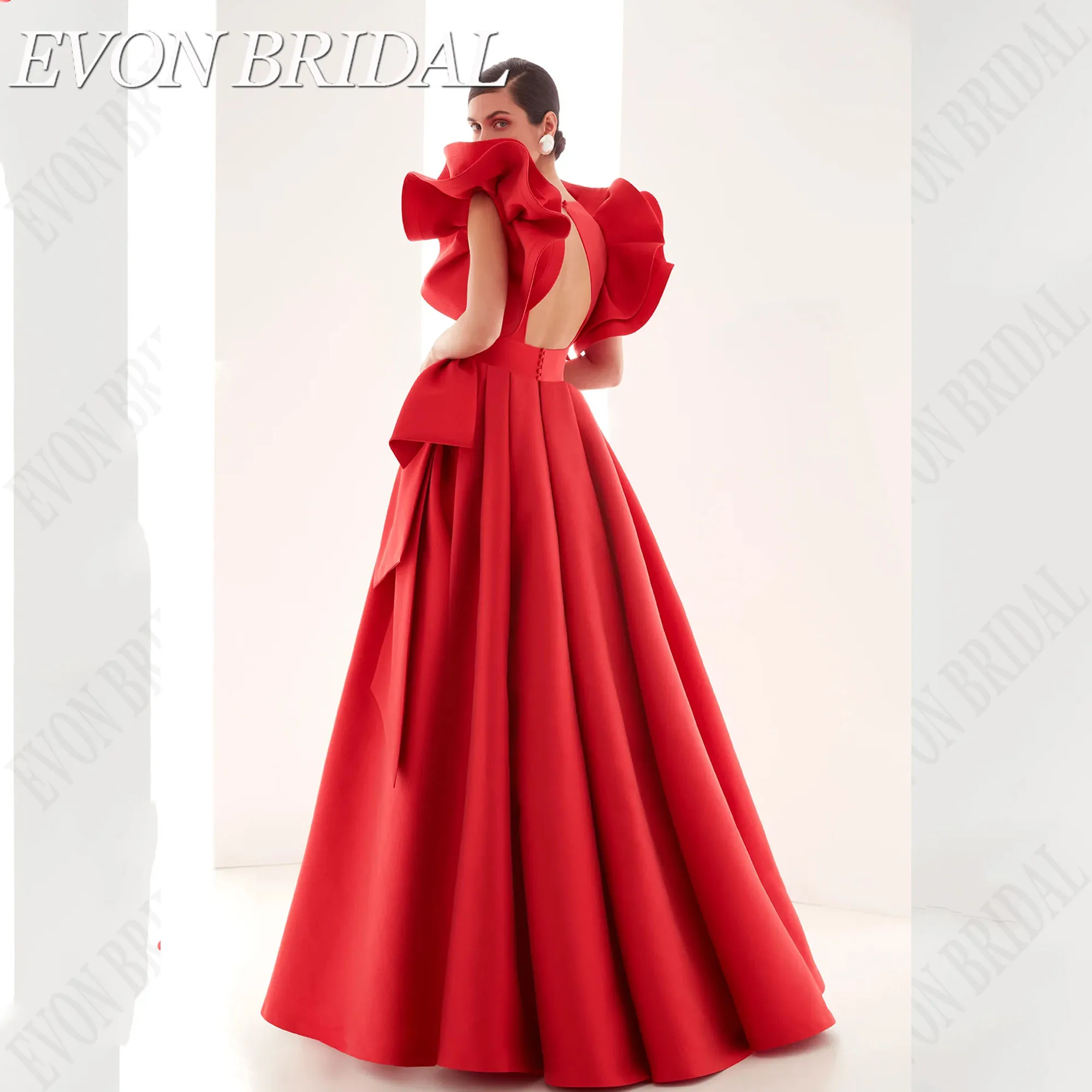 EVON BRIDAL Celebrity Red Carpet Dresses With Bow A-Line V-Neck Sleeveless Evening Gowns Ruffled Sleeves Floor Length Customized