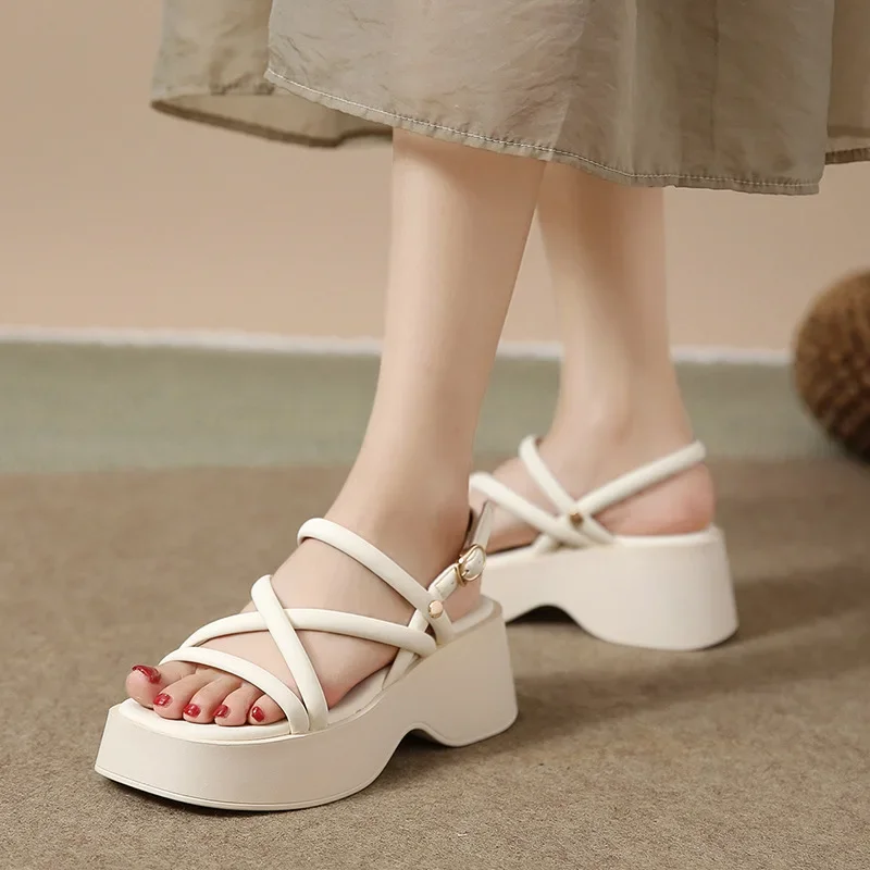 Design Open Toe Women Sandals Summer Fashion Narrow Band Dress Shoes Platform Wedges Heel Ladies Ankle Strap Gladiator Sandalias