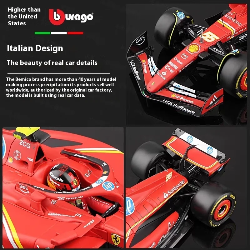 Bburago 1:18 Ferrari SF-24 Modello pressofuso in miniatura in lega Formula 1racing # 16 Leclerc # 55 regali di modelli da tavolo per auto Sainz Formula