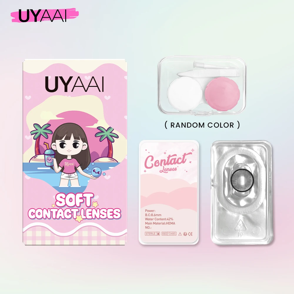 UYAAI Korea Fashion Beauty【1*contacts Lenses+1*tweezers+1*lenses Case】Yearly Soft Lenses Comfort Brown Eyes Gray Gloss Eyes