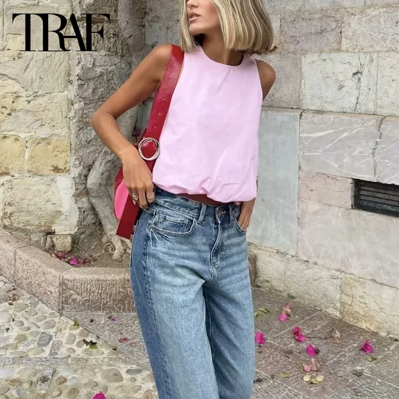 TRAF Pink Pleated Cropped Top Women\'s 2024 Summer Short Tank Vest Top Ladies Fashion Casual Backless Butterfly Lace-Up Tops