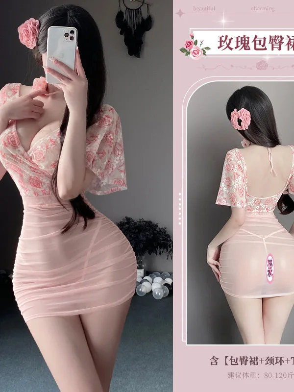 2025 New Sexy V-neck Backless Floral Rose Light Gauze Sweet Printed Short Sleeve Dress Women Cinching Waist Slim Dress E35R