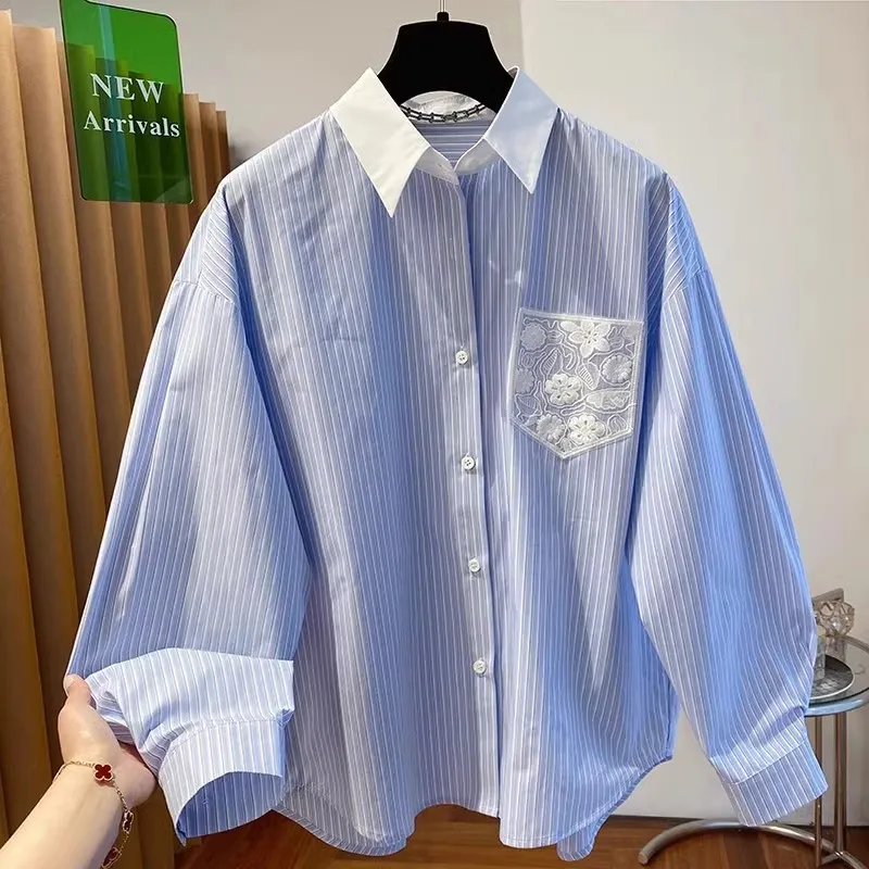 

SuperAen Long-sleeved Shirt Women's 2025 Spring and Autumn New Design Striped Shirt