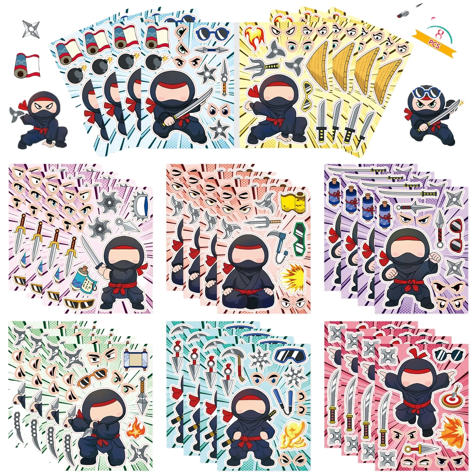 8-teiliges Set Niedliche Cartoon-Ninja-Gesichtsaufkleber Klassische Spielzeuge DIY Handy Gitarre Auto Buch Cartoon-Graffiti-Aufkleber Geschenk