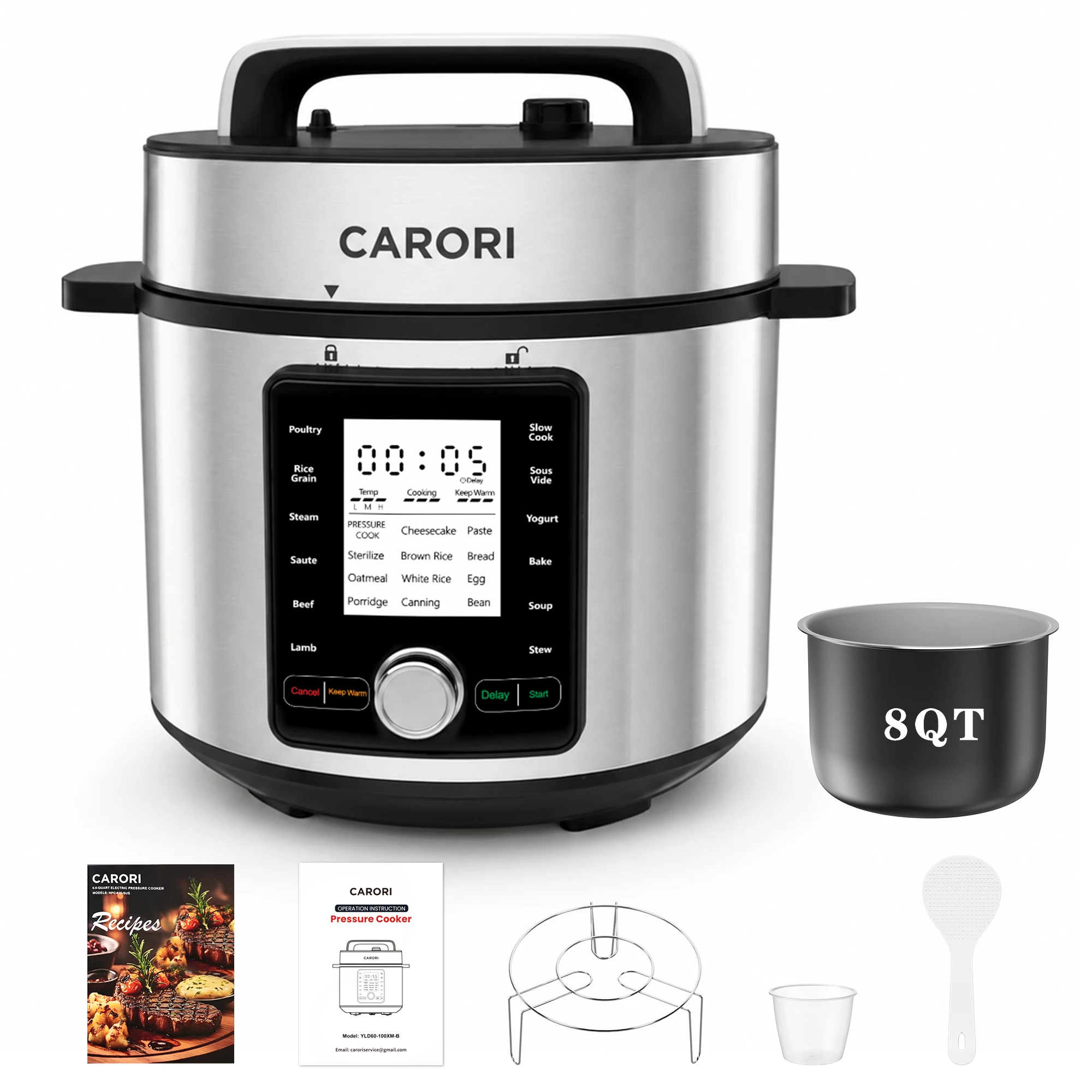 Electric Pressure Cooker 8QT, 24 Programs, Touch and Dial Control 13-in-1 Multi-Cooker, Ceramic-Coated Pot, 14 Safety Protections, Rice Cooker, Slow Cook, Sous Vide, Saute, Sterilize, Silver