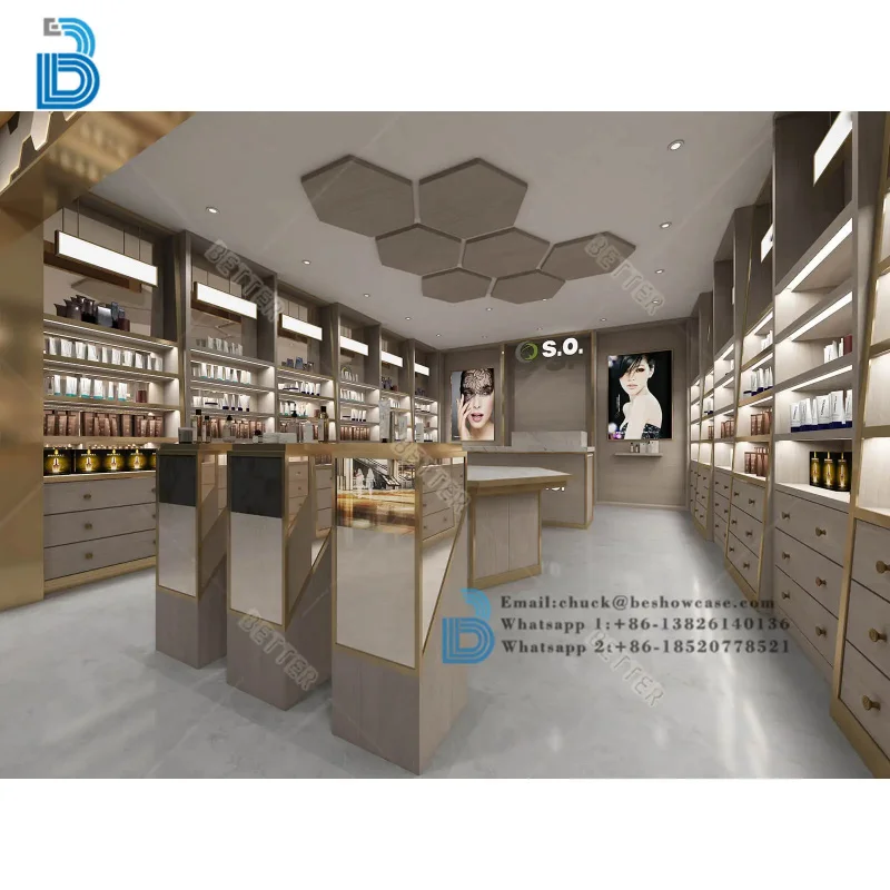custom.High Quality Custom Cosmetic Showroom Design Wooden Cosmetic Display Stand Shop