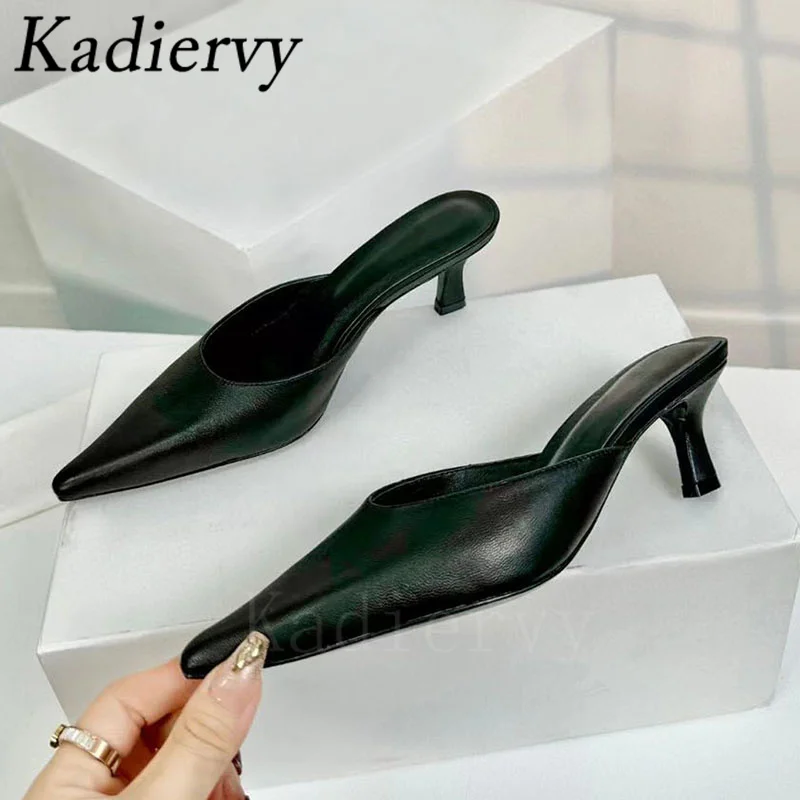 2024 New Kitten Heels Slippers Women Genuine Leather Mules Shoes Woman Pointed Toe Slides High Heels Modern Slippers Woman