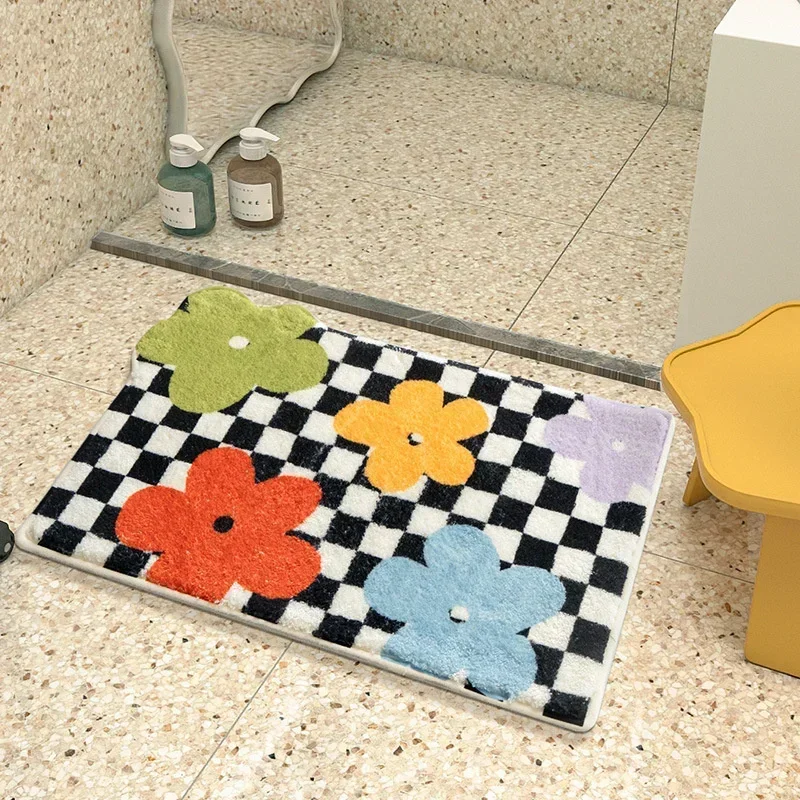 VIKAMA Cute Flowers Bathroom Non-Slip Checkerboard Printed Imitation Cashmere Carpet Toilet Absorbent Non-Slip Mat Home Decor