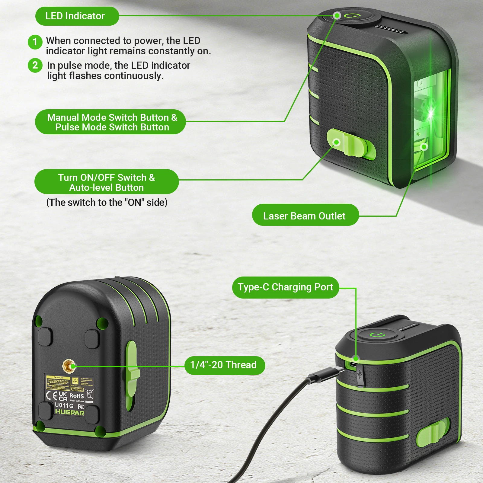 Huepar Laser Level Green Laser Tool 2-Line Self-Leveling Cross Line Laser Instrument With Magnet Wall Support,Tripod For DIY