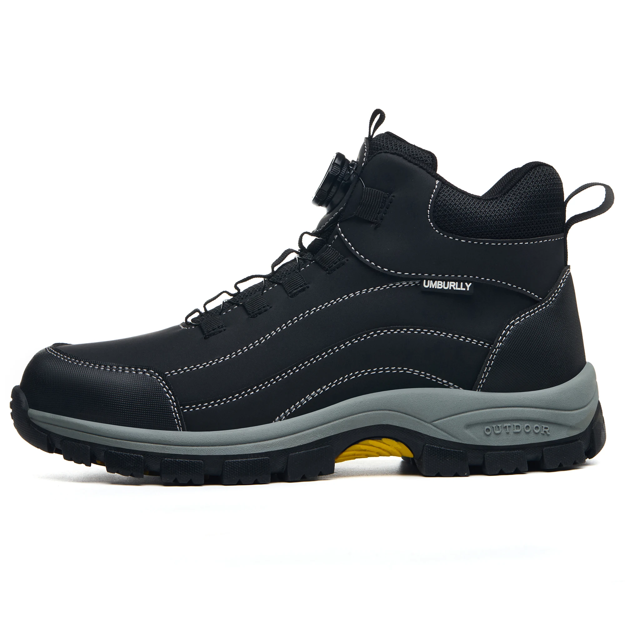 Men's full-length safety work boots with anti-smashing steel toes, anti-puncture Kevlar lining, non-slip soles, and stylish buck